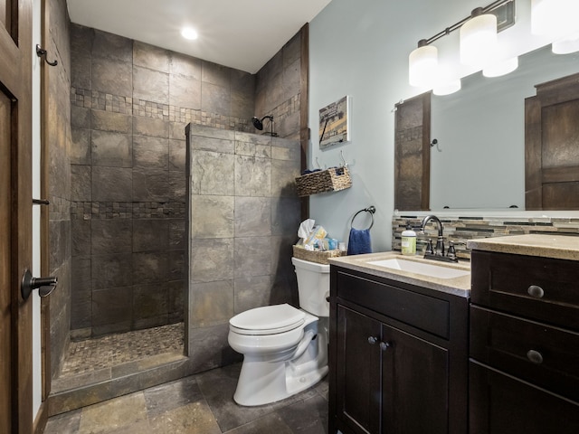 3190 Edgewood Park Dr, Commerce Twp, MI 48382 - full bathroom with a walk in shower, vanity, toilet, recessed lighting, and tasteful backsplash
