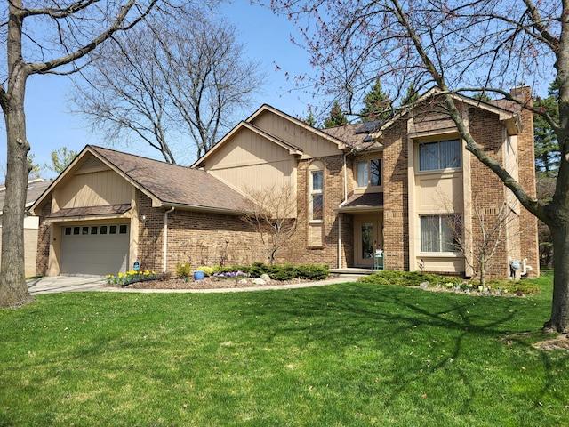 6358 Timberwood S, West Bloomfield, MI 48322 - view of front facade with an attached garage, a front lawn, brick siding, a chimney, and driveway