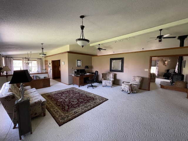 331 Jonesville Rd, Jonesville, MI 49250 - carpeted living area with vaulted ceiling, a ceiling fan, a wood stove, and a textured ceiling