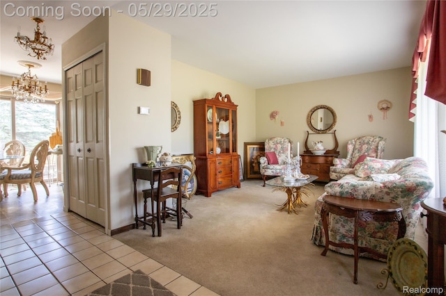 140 Indian Knolls St, Oxford, MI 48371 - carpeted living room featuring a chandelier and tile patterned floors