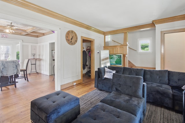 214 Worcester, Highland Park, MI 48203 - living room featuring ceiling fan, crown molding, and light wood finished floors