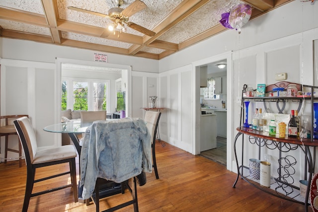 214 Worcester, Highland Park, MI 48203 - dining area with coffered ceiling, a ceiling fan, wood-type flooring, and beam ceiling