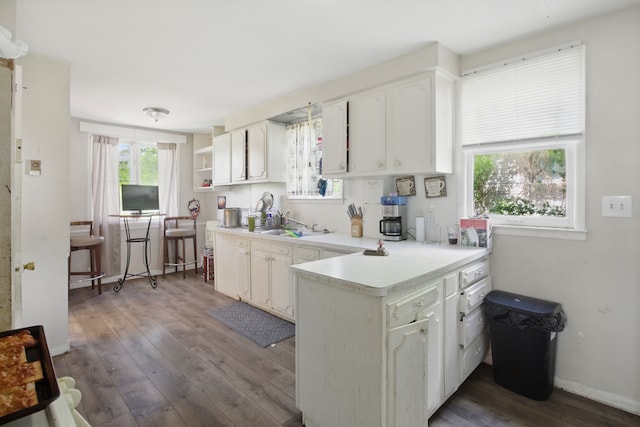 214 Worcester, Highland Park, MI 48203 - kitchen with hardwood / wood-style floors, a peninsula, light countertops, white cabinets, and a sink