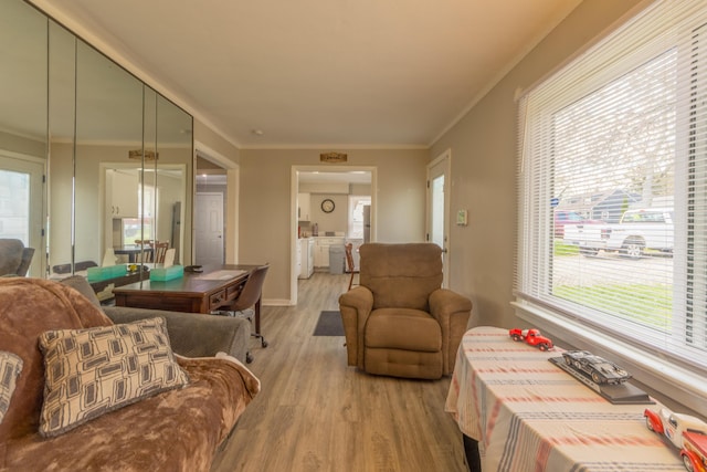 living room featuring light wood-style floors, crown molding, and baseboards
