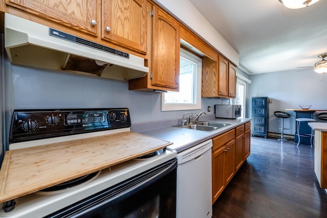 kitchen featuring stainless steel microwave, a sink, under cabinet range hood, white dishwasher, and range with electric stovetop