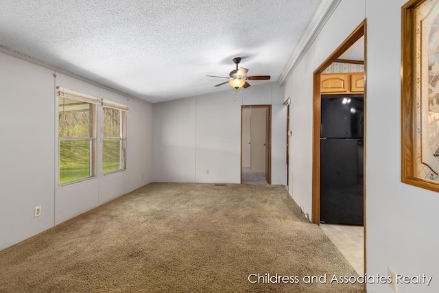 spare room featuring crown molding, a textured ceiling, a ceiling fan, and light carpet