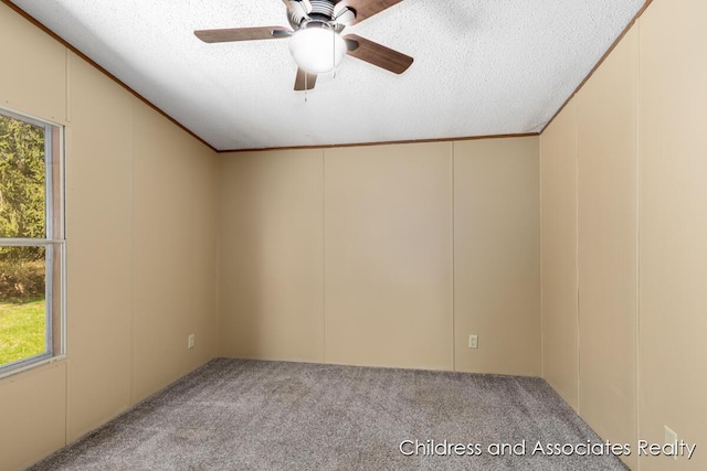carpeted empty room featuring a ceiling fan, a wealth of natural light, a textured ceiling, and a decorative wall