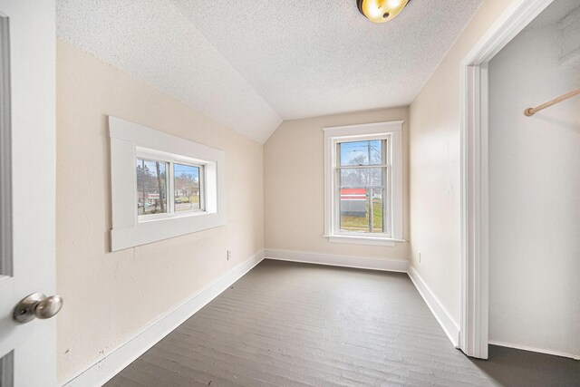 bonus room featuring lofted ceiling, a textured ceiling, a healthy amount of sunlight, and dark wood-style flooring