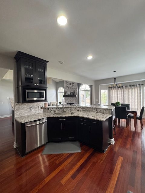 kitchen featuring dark wood-style floors, tasteful backsplash, dark cabinets, and appliances with stainless steel finishes
