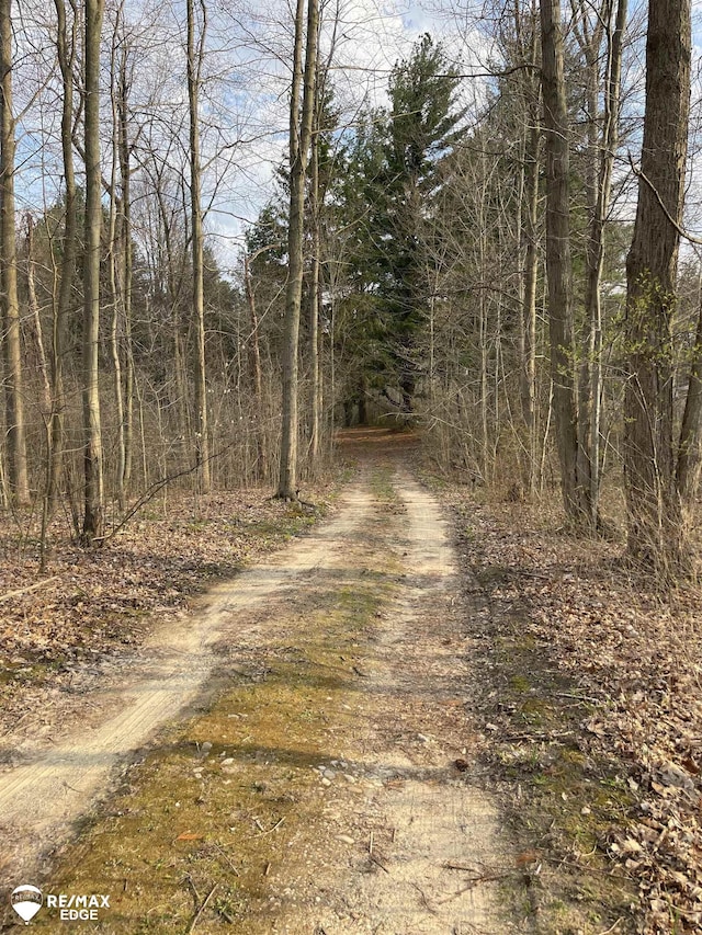 view of road featuring a wooded view