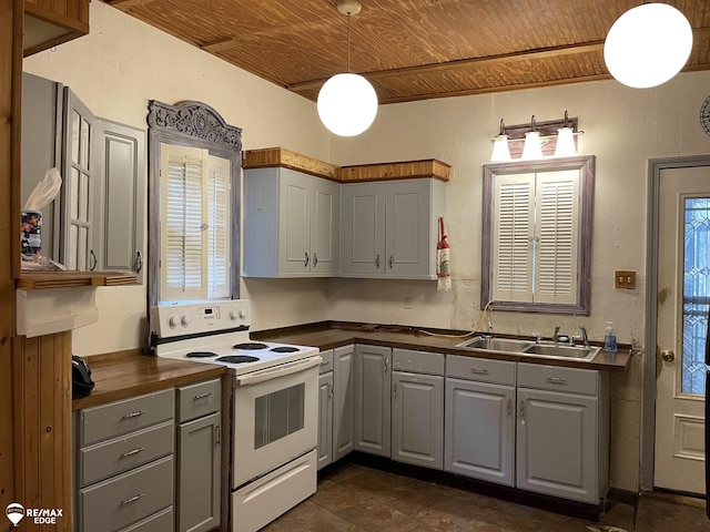 kitchen with gray cabinetry, wooden ceiling, white range with electric cooktop, and a sink