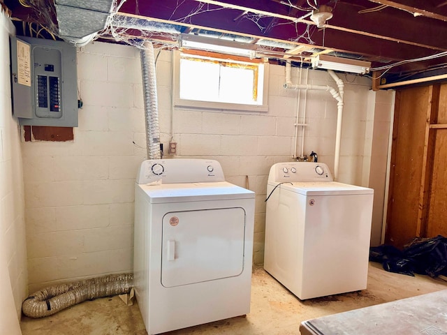 2408 N Mason St, Saginaw, MI 48602 - clothes washing area featuring electric panel and washing machine and dryer