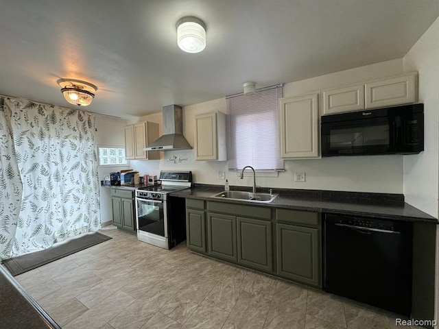 kitchen featuring wall chimney exhaust hood, black appliances, a sink, and dark countertops