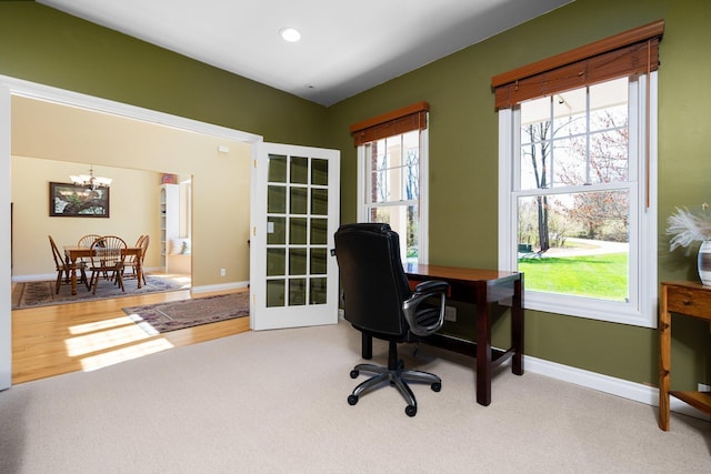 carpeted office with baseboards, recessed lighting, an inviting chandelier, and french doors