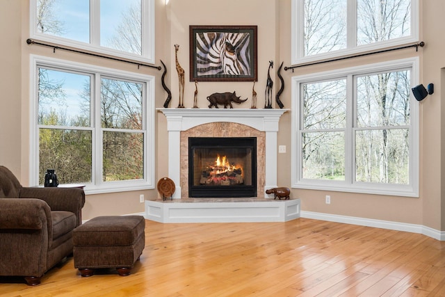 living area with a healthy amount of sunlight, baseboards, wood finished floors, and a glass covered fireplace