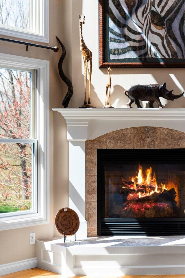 details with a tiled fireplace and baseboards