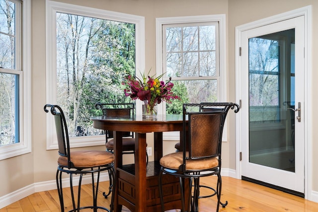 dining room featuring light wood-style flooring and baseboards
