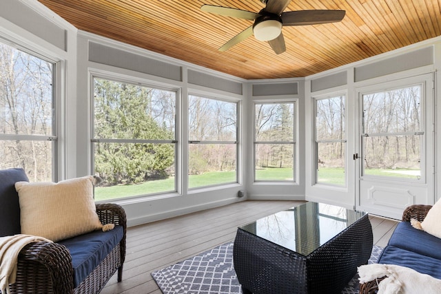 sunroom with wood ceiling, a healthy amount of sunlight, and a ceiling fan