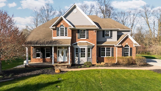 traditional-style home featuring covered porch, brick siding, and a front yard