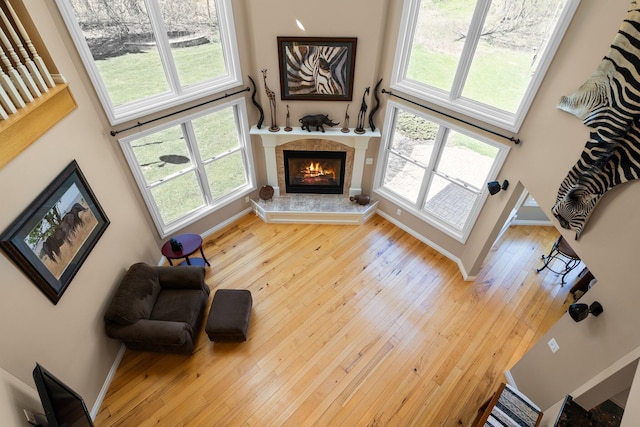 living area featuring a glass covered fireplace and plenty of natural light