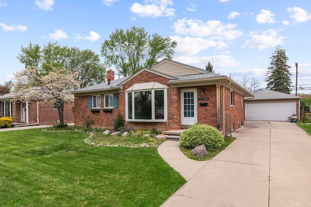 view of front facade with a chimney, a detached garage, brick siding, an outdoor structure, and a front lawn