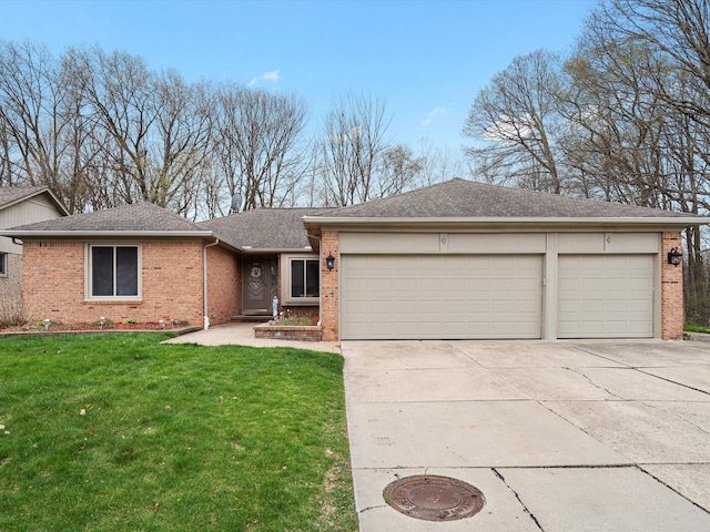 ranch-style home featuring roof with shingles, a front yard, a garage, brick siding, and concrete driveway