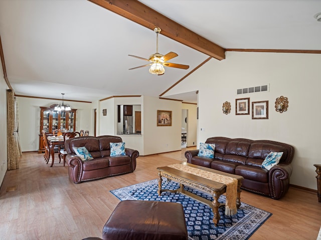 living area featuring visible vents, beam ceiling, light wood finished floors, and ceiling fan with notable chandelier