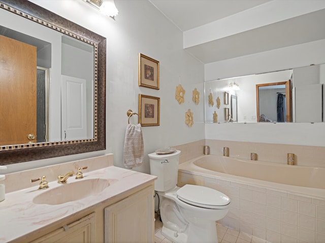 bathroom with a shower with shower door, vanity, toilet, tile patterned floors, and a bath