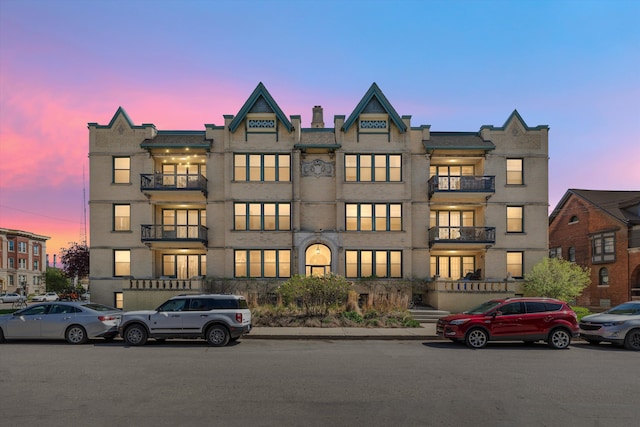 view of property at dusk