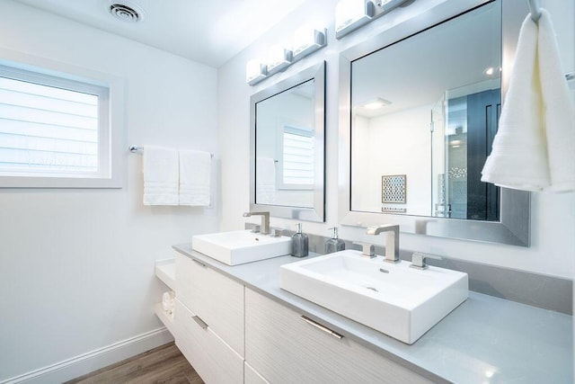 bathroom with a sink, baseboards, double vanity, and visible vents