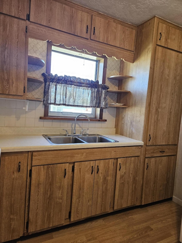 9 W Michigan St, Three Oaks, MI 49128 - kitchen with wood finished floors, open shelves, backsplash, and a sink