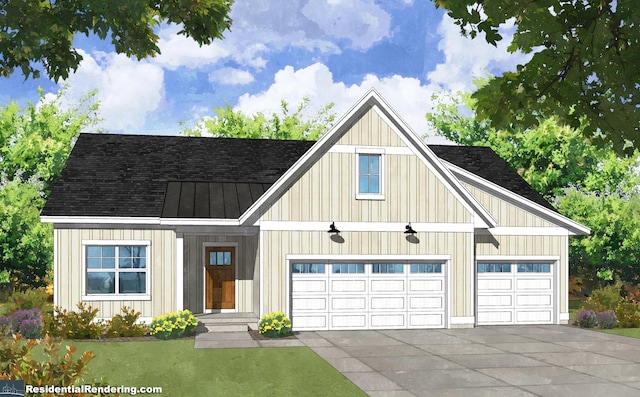 view of front of house featuring a front yard, driveway, a shingled roof, and board and batten siding
