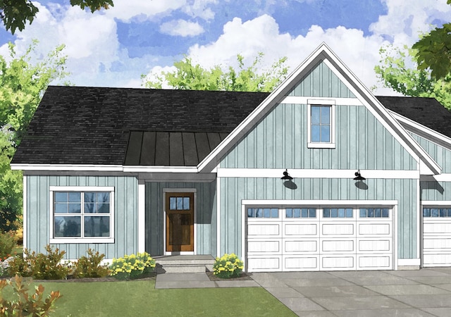 modern farmhouse style home featuring board and batten siding, a standing seam roof, a garage, driveway, and roof with shingles