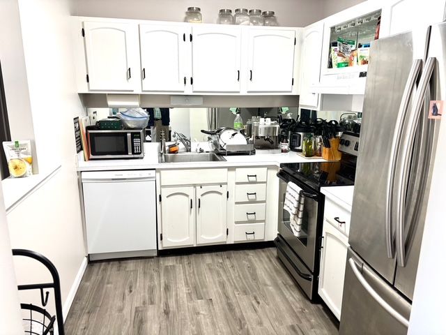 kitchen featuring light wood-type flooring, a sink, appliances with stainless steel finishes, and light countertops