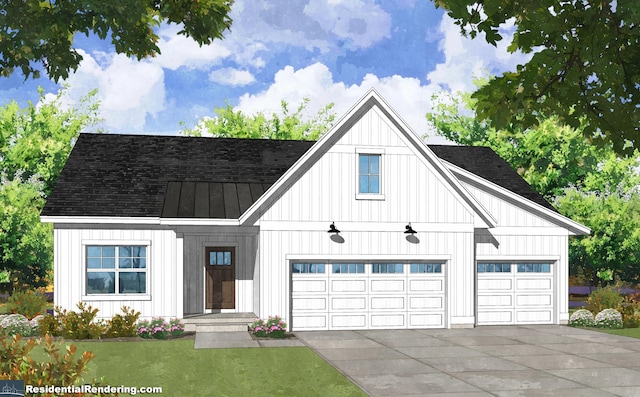 view of front of home with concrete driveway, a front lawn, board and batten siding, and a standing seam roof