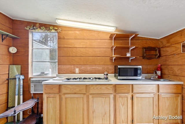kitchen featuring wood walls, a sink, and stainless steel microwave
