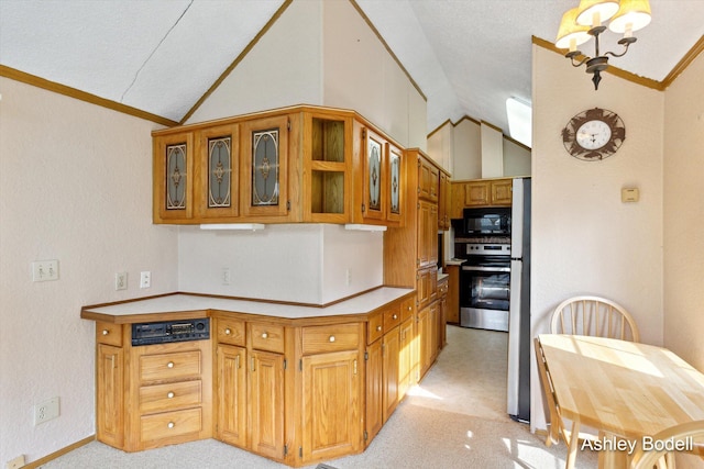 kitchen featuring glass insert cabinets, stove, black microwave, light carpet, and lofted ceiling