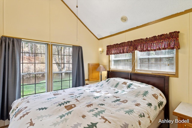 bedroom with crown molding, vaulted ceiling, and multiple windows