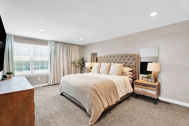 bedroom with light carpet, baseboards, and recessed lighting