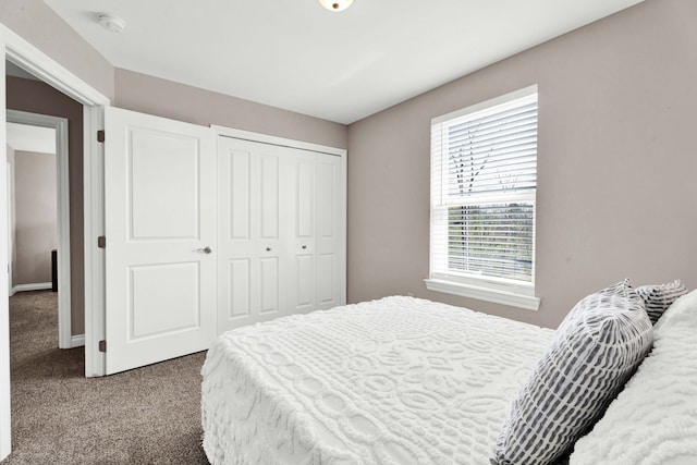 bedroom with baseboards, carpet flooring, and a closet
