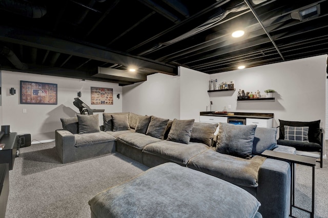 living area with carpet flooring and indoor bar