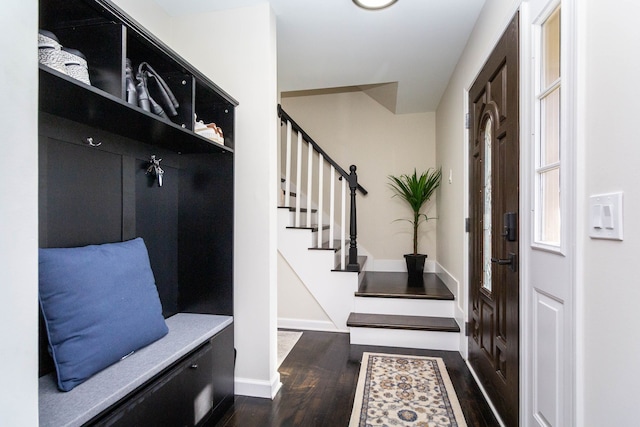 mudroom with baseboards and dark wood-style floors