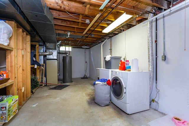 unfinished basement featuring washer and clothes dryer and water heater