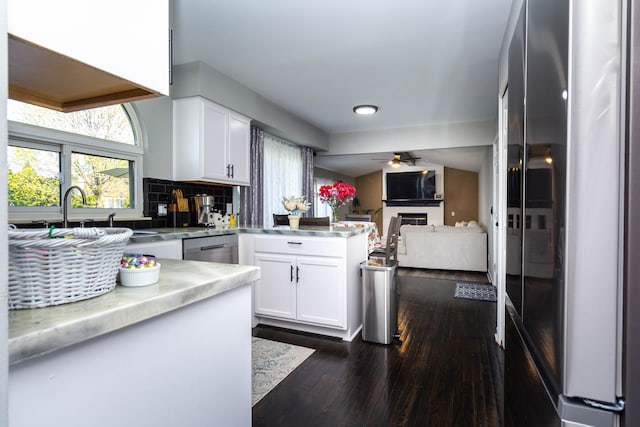 kitchen with a fireplace, stainless steel appliances, dark wood-style flooring, and white cabinetry