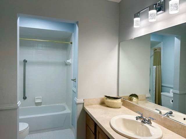 bathroom featuring shower / bath combo with shower curtain, vanity, toilet, and tile patterned flooring