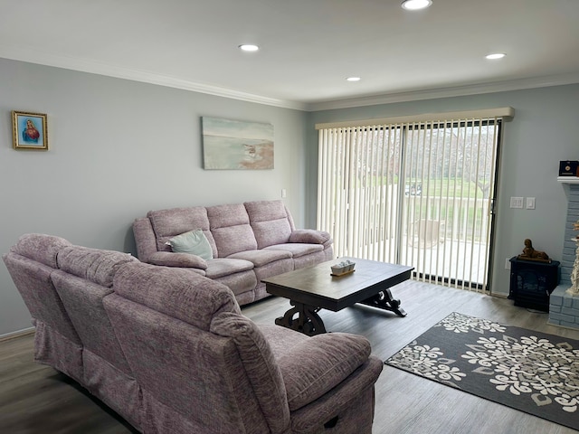 living area featuring crown molding and wood finished floors