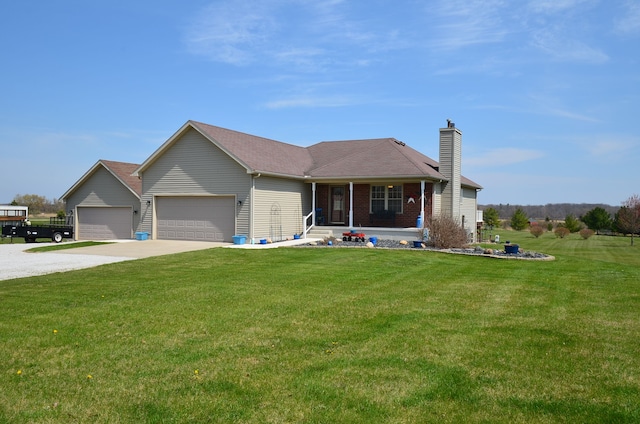ranch-style home with a front lawn, driveway, an attached garage, and a chimney