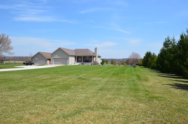 single story home featuring a front lawn, driveway, a garage, and a chimney