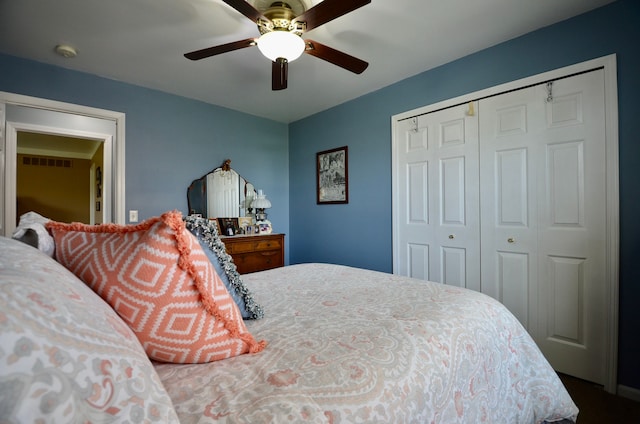 bedroom featuring a closet, a ceiling fan, and visible vents
