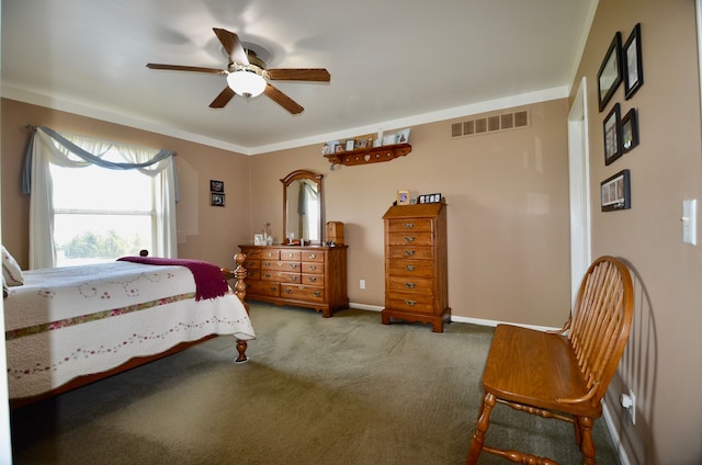 bedroom featuring carpet, visible vents, ceiling fan, and baseboards